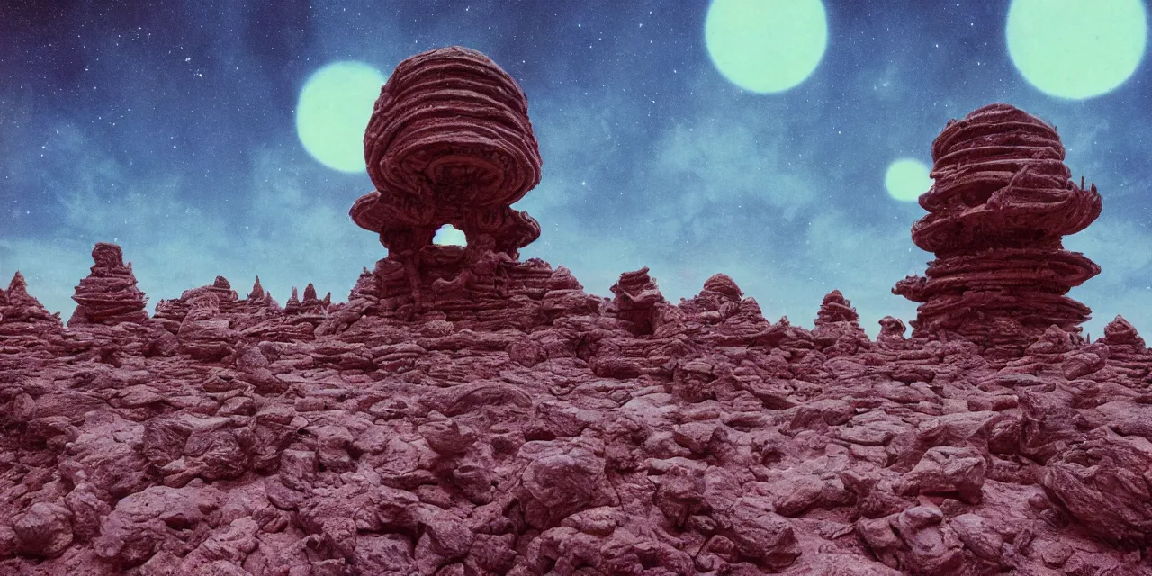 Prompt: photo of an alien temple on a surreal exoplanet, bizarre terrain, cinematic, cinestill 8 0 0 t film