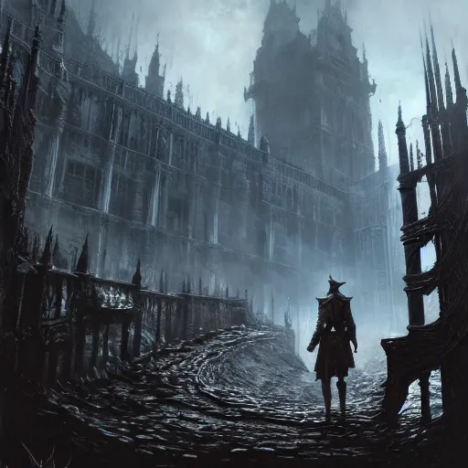 Prompt: a ultra detailed matte landscape paining of the hunter from bloodborne exploring in anor londo, ultrawide lens, aerial photography, d & d, fantasy, intricate, elegant, highly detailed, digital painting, artstation, concept art, matte, sharp focus, illustration, art by greg rutkowski and rembrandt