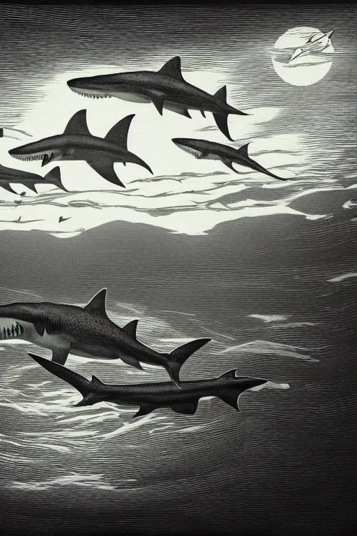 Prompt: a beautiful wood engraving on paper of a school of hammerhead shark, 8 k, frostbite 3 engine, cryengine, dof, trending on artstation, digital art, crepuscular ray