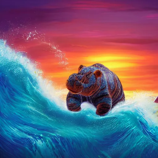 Image similar to a closeup photorealistic photograph of a smiling cute knitted tiger hippopotamus riding a large wave during sunset. surf in the background. professional capture. brightly lit scene. this 4 k hd image is trending on artstation, featured on behance, well - rendered, extra crisp, features intricate detail, epic composition and the style of unreal engine.