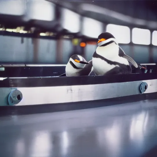 Prompt: two baby penguins in airport baggage claim area, conveyor belt. ektachrome,