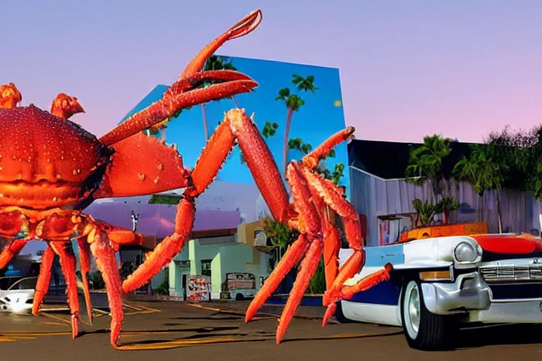 Image similar to giant crab attacking a california drive in, in 2 0 1 2, cutecore, y 2 k, bathed in the the glow of the sunset, low - light photograph, in style of monkeybone