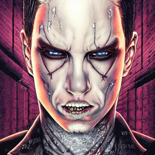 Image similar to portrait of eminem, vampire, symmetrical, by yoichi hatakenaka, masamune shirow, josan gonzales and dan mumford, ayami kojima, takato yamamoto, barclay shaw, karol bak, yukito kishiro