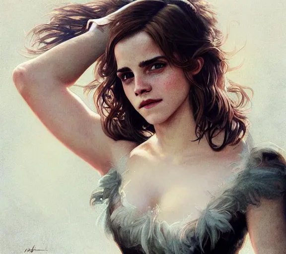 Image similar to photography emma watson with hands - up and hairy armpits, deep focus, intricate, elegant, highly detailed, digital painting, artstation, concept art, matte, sharp focus, illustration, art by artgerm and greg rutkowski and alphonse mucha and gil elvgren