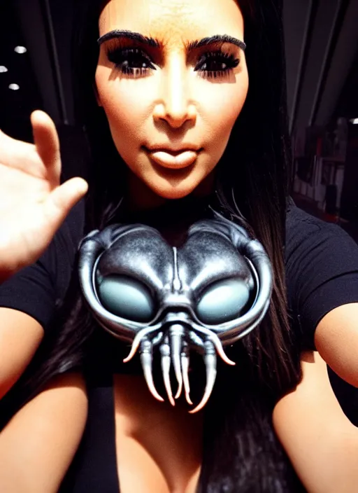 Image similar to photo still full pov of a kim kardashian with a alien facehugger over her face, cinematic full shot.