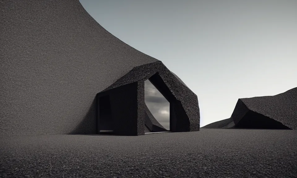 Image similar to tall black geometric house, embedded in lava cliff, full view, black house, molten metal house, minimal, rippled white landscape, dwarven architecture, light from molten iron, octane render, hyper realistic, 8 k, octane render