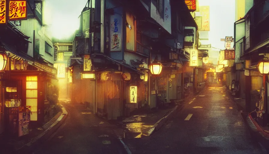 Image similar to A film still from a 1990s Sailor Moon cartoon featuring a moody street in Japan with a waterfall and lanterns, lofi aesthetic, golden hour, cinematic look, film grain, high detail, high resolution, 8k