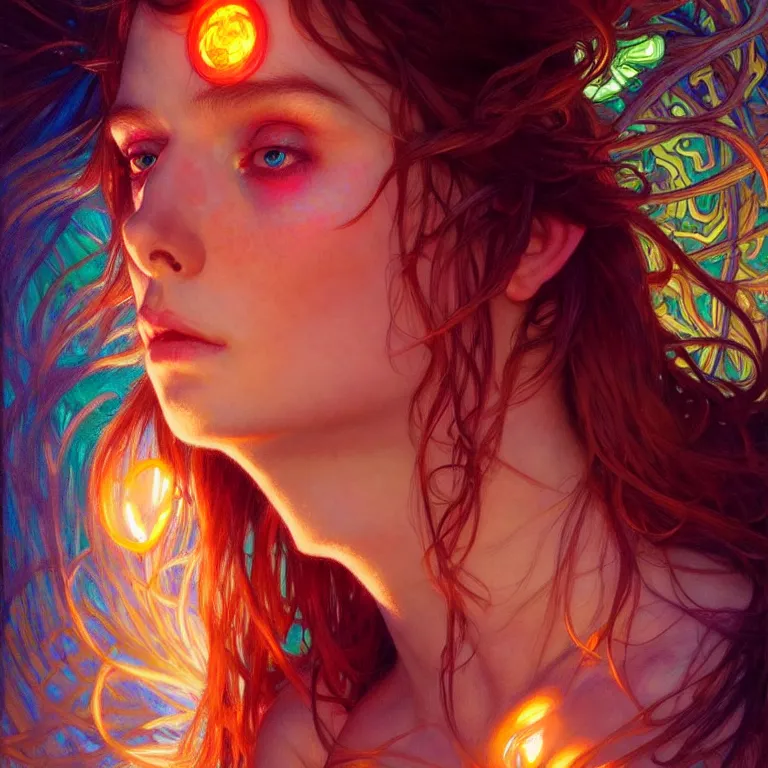 Image similar to bright asthetic portrait LSD glowing backlit, fantasy, intricate, elegant, dramatic lighting, highly detailed, lifelike, photorealistic, digital painting, artstation, illustration, concept art, smooth, sharp focus, art by John Collier and Albert Aublet and Krenz Cushart and Artem Demura and Alphonse Mucha