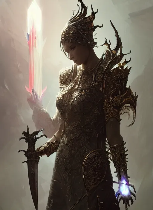 Prompt: legendary sword of technology, ornate gothic baroque spikes, glowing face, detailed realistic, ray tracing, colored gems, art by wlop and greg rutkowski and artgerm