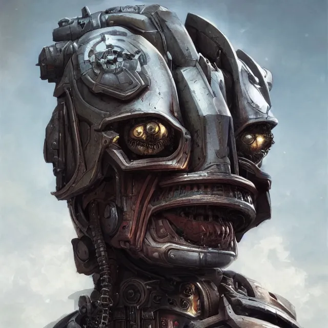 Image similar to hyper realistic portrait of warhammer android face symmetric cinematic, chaos marine, artstation, cgsociety, full head, greg rutkowski, james gurney, mignola, craig mullins, brom