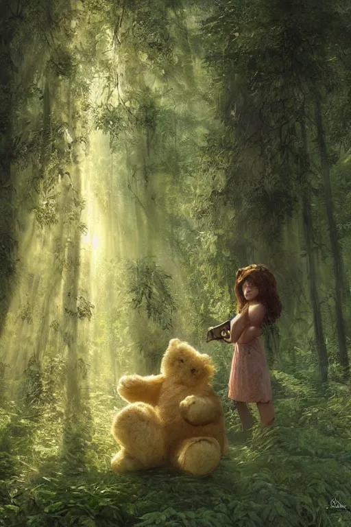 Image similar to mean fluffy teddybear protecting girl in a forest with rays of light coming through the canopy, masterpiece, dystopian, sci-fi, extremely detailed, digital painting, sculpted in zbrush, artstation, concept art, smooth, sharp focus, illustration, chiaroscuro lighting, golden ratio, incredible art, artgerm, greg rutkowski, alphonse mucha, simon stalenhag, carravaggio