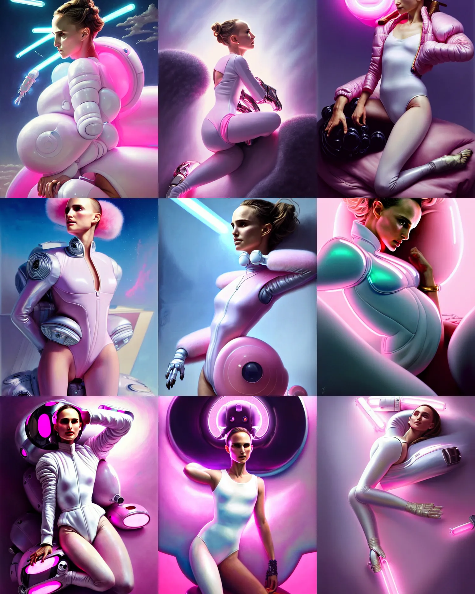 Image similar to beautiful fantasy character portrait, natalie portman, wearing pink puffy bomber jacket and white leotard, seductive reclining pose, futuristic chrome drones, ultra realistic, dramatic lighting, robots, the fifth element artifacts, highly detailed by peter mohrbacher, paolo eleuteri serpieri,