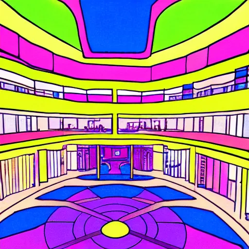 Image similar to illustration in pastel colors of the main atrium of a 1 9 9 0 s mall with abstract neons