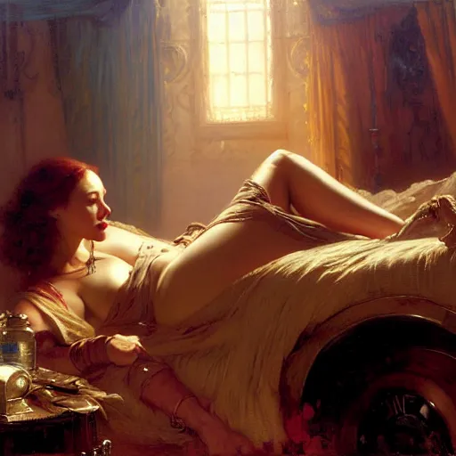 Image similar to vin diesel is in his bed, nervous and terrified, because kat dennings from hell is attacking him. highly detailed painting by gaston bussiere, j. c. leyendecker, greg rutkowski, craig mullins 8 k