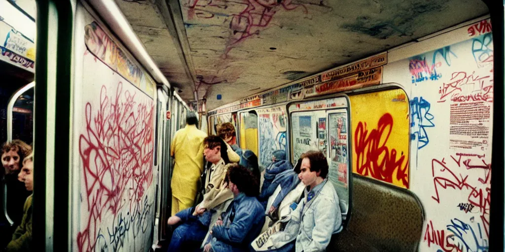 Image similar to new york subway cabin 1 9 8 0 s inside all in graffiti, policeman closeup, coloured film photography, christopher morris photography, bruce davidson photography