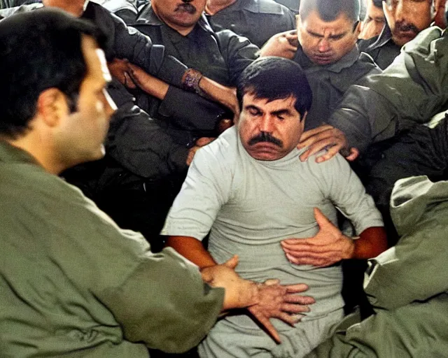Prompt: el chapo floating down from heaven in deep meditation. el chapo meditates in the lotus position. exploding out of prison. prison on fire. explosions.