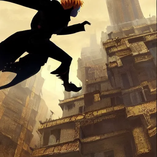 Prompt: A boy thief falling off a tall tower in a metal city wishing he could fly, epic fantasy style