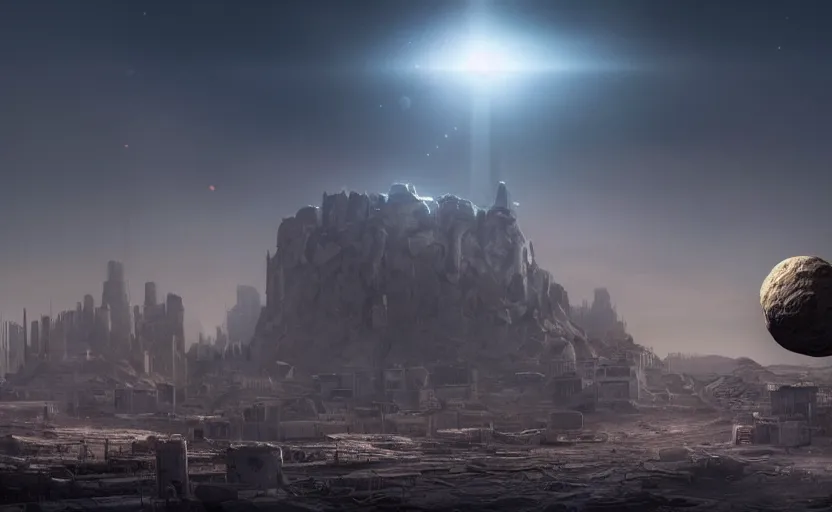 Prompt: cinematic still, epic desolate apocalyptic city wasteland with a hillock in the foreground containing a magical wizard summoning a spirit orb the size of a small asteroid, aerial