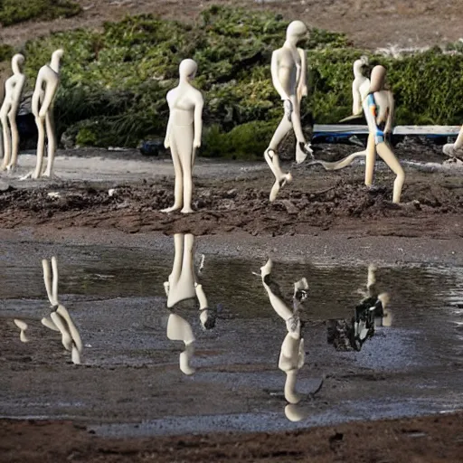 Image similar to plastic mannequins drowning in quicksand on epstein island, highly detailed facial expressions