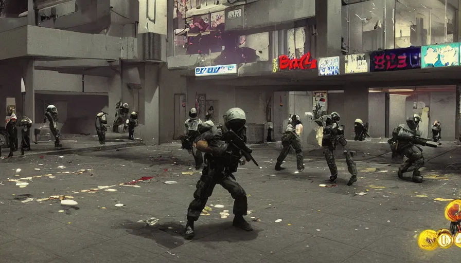 Prompt: 1988 Video Game Screenshot, Anime Neo-tokyo Cyborg bank robbers vs police, Set inside of the Bank Lobby, Multiplayer set-piece in bank lobby, Tactical Squad :9, Police officers under heavy fire, Police Calling for back up, Bullet Holes and Realistic Blood Splatter, :6 Gas Grenades, Riot Shields, Large Caliber Sniper Fire, Chaos, Anime Cyberpunk, Anime Bullet VFX, Anime Machine Gun Fire, Violent Action, Sakuga Gunplay, Shootout, :7 Inspired by Escape From Tarkov + Intruder + The Specialist + Akira :15 by Katsuhiro Otomo: 19