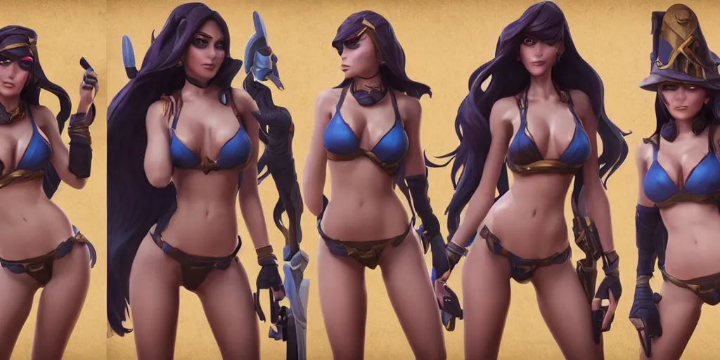 Image similar to rendered character sheet of of beautiful Pool party Caitlyn in the game League of Legends, unreal engine 53d trending on art station