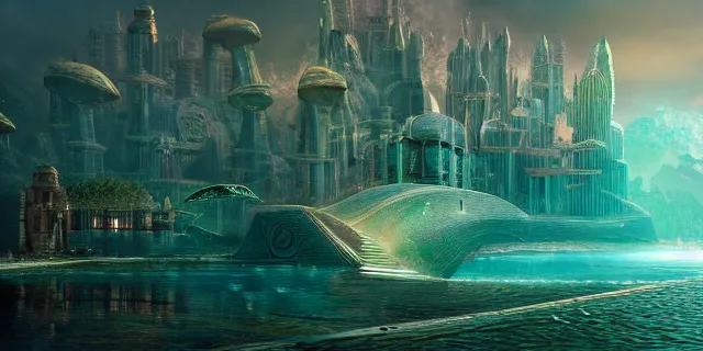 Image similar to emerald tablet, epic large underwater city, highly detailed, photorealistic, octane render, beautiful, glorious, matte painting