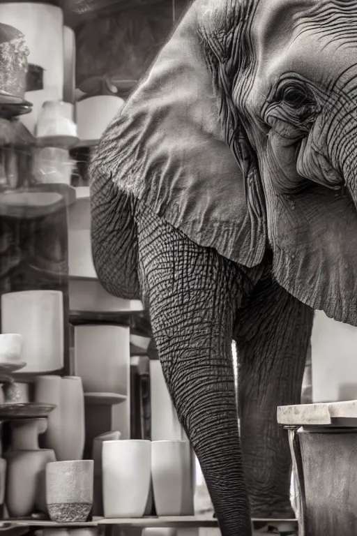 Prompt: photography of an elephant in a porcelain shop, cgsociety,