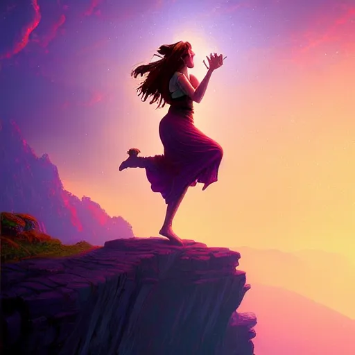 Image similar to the fool tarot card, a maiden dances on the edge of a cliff with a little dog barking beside her, 8 k resolution digital painting, cinematic lighting, deviantart artstation, by alena aenami, by michael whelan, bokeh, behance hd