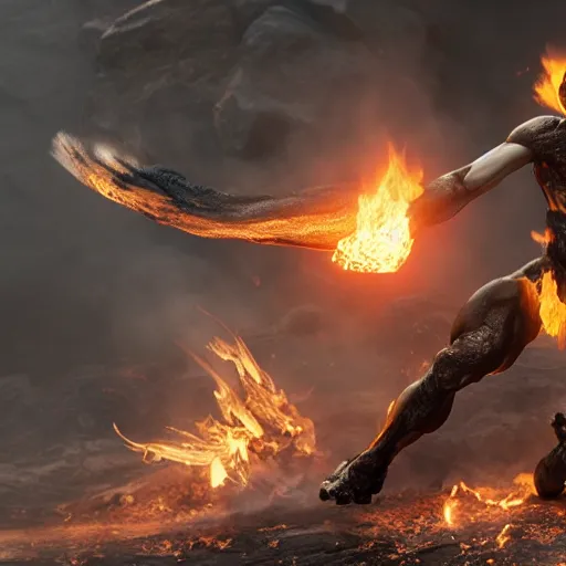 Prompt: prometheus midair with the stolen fire in one hand the other hand streched to prevent a collission. concept art octane render hyperrealistic unreal engine