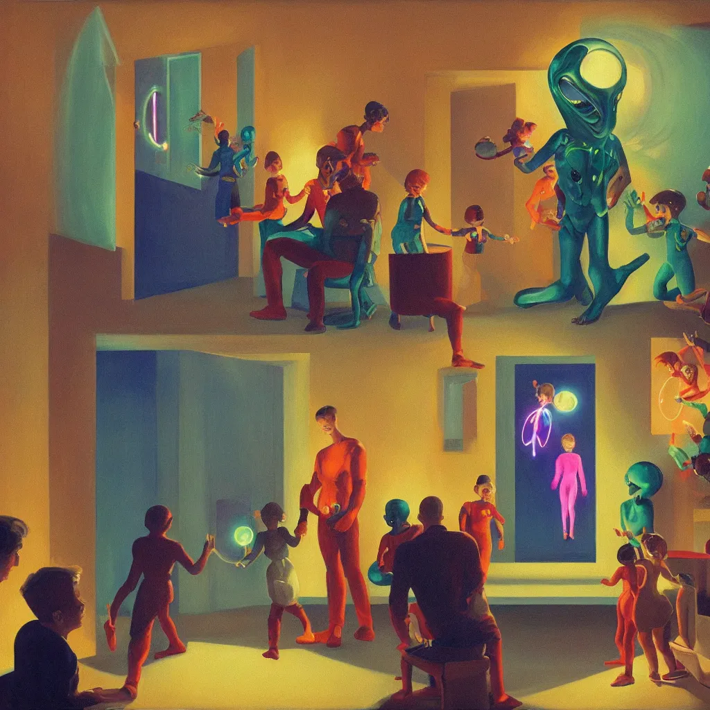 Image similar to painting of a costumed family being shown how to open portals by a large glowing alien in their suburban living room maze, designed by gucci, energetic glowing orbs in the air, in the style of edward hopper and james jean