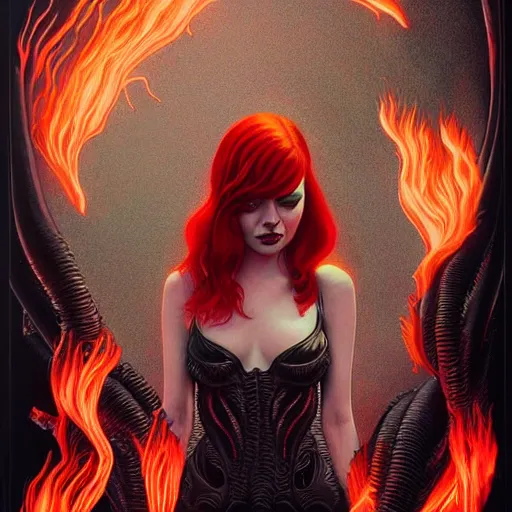 Image similar to scorn giger venom alien doom zdislaw bekinski horror hell alien tentacles satan fire flame, beautiful underwater redhead woman portrait of emma stone, pixar style, by tristan eaton stanley artgerm and tom bagshaw.