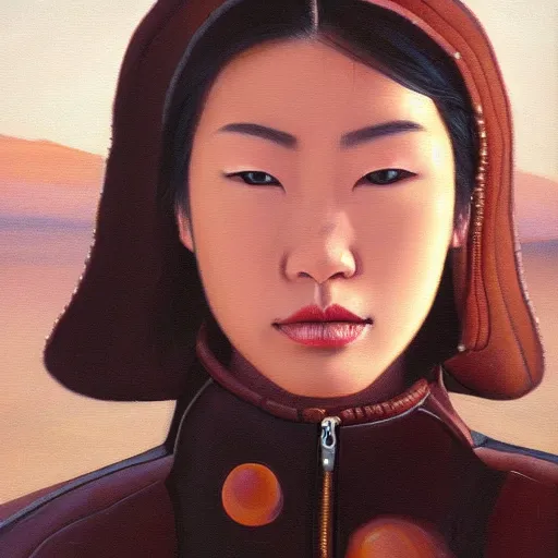 Image similar to perfect, realistic oil painting of close-up japanese young woman wearing leather jacket, in Dune Arrakis