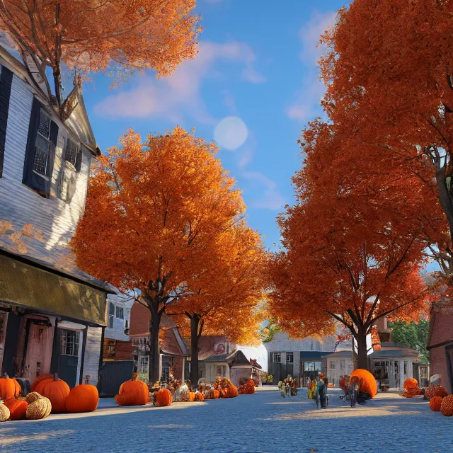 Image similar to small new england colonial city street with shops and pumpkins, maple trees with fall foliage, volumetric, realistic, cinematic lighting, ray tracing, unreal engine 5, octane render, hyper realistic, photo, 8 k