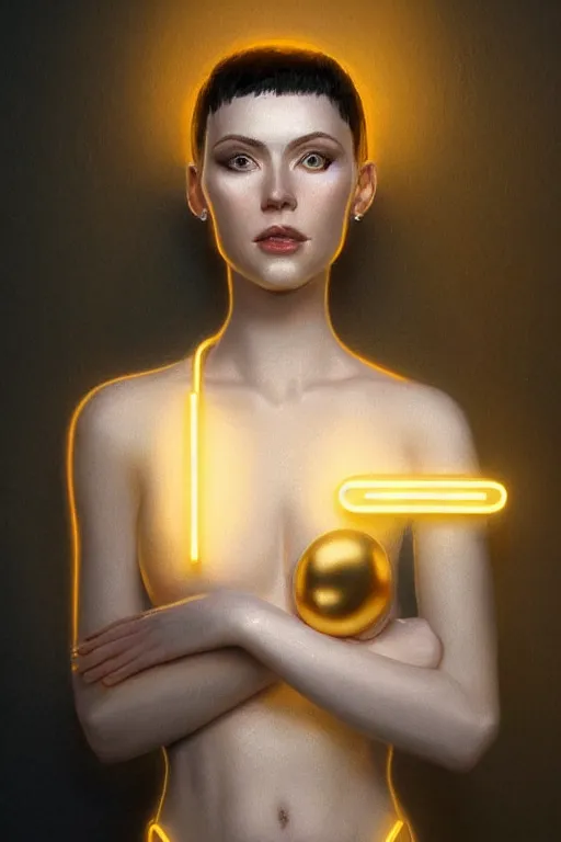 Image similar to Portrait of a beautiful pale skin Nordic female with short black hair, elegant, photorealistic, highly detailed, artstation, smooth, sharp focus, gold ornaments, neon lighting, sci-fi, art by Klimt.