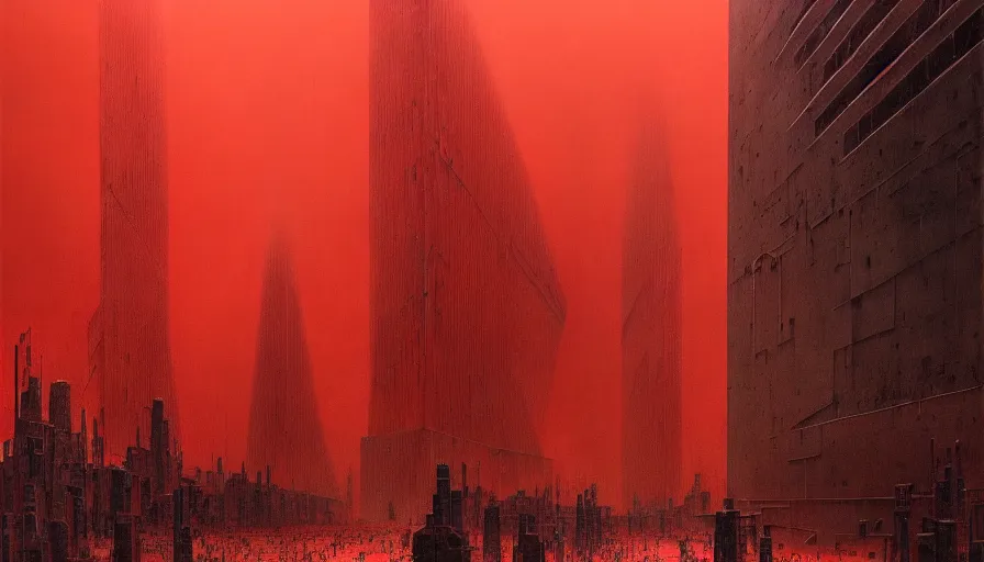 Image similar to only with red, soviet communism horror brutalist architecture apocalyptic with soviet flag, crowd cheering, in the style of beksinski and rodcenko and yue minjun and cory loftis, intricate and epic composition, red by caravaggio, highly detailed, masterpiece, red light, artstation, art nouveau