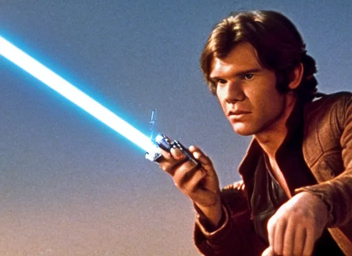 Image similar to screenshot of portrait Han Solo shooting his laser blaster, iconic scene from 1970s film by Stanley Kubrick, the lost Star Wars Film, moody hazy lighting, stunning cinematography, hyper-detailed, crisp, anamorphic lenses, kodak color film stock, 4k