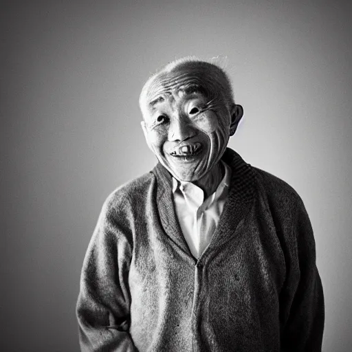 Image similar to a character portrait photo of a smiling old japanese man, hopeful, flickr contest winner, neo-expressionism, art photography, busy background, hyperrealism, chiaroscuro, anamorphic lens flare, elegant, shallow depth of field, haze, volumetric lighting, photo taken with provia, 24mm, f1.8, by Filip Hodas, by Andrew Domachowski