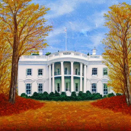 Image similar to crisp painting of a white house in an autumn forest