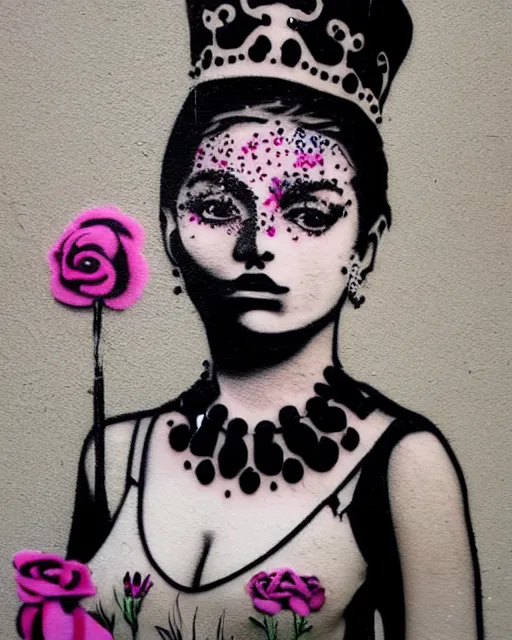 Prompt: mafia princess portriat, flower face tattoos, banksy, graffiti art