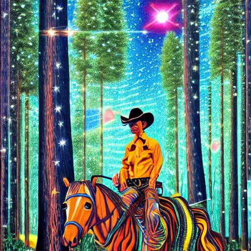 Prompt: psychedelic, trippy, broken cowboy, lush pine forest, milky way, planets, cartoon by rob gonsalves, sharp focus, colorful refracted sparkles and lines, soft light, horse