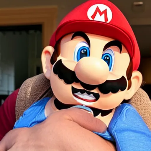 Image similar to a large super mario smiling while holding a screaming crying kid in his arms