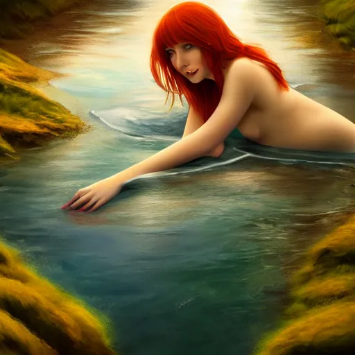 Image similar to redhead beautiful girl bathing in a river, illustration, night moonlight, digital art, oil painting, fantasy, 8 k, trending on artstation, detailed