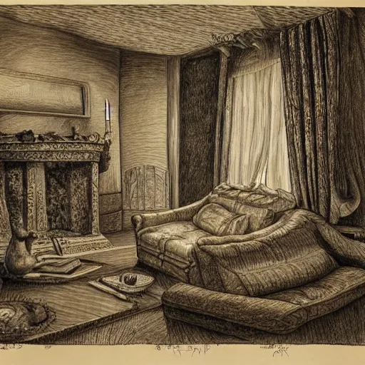 Prompt: a hybrid between a couch and a house,, insanely detailed, studio light, gustav dore, colored pencil