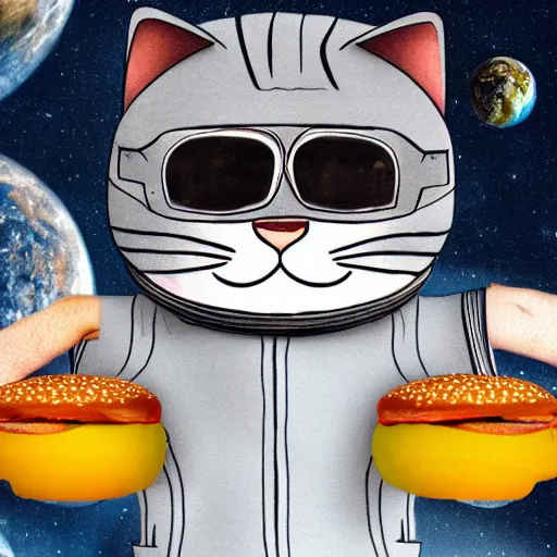 Prompt: cat in burger costume floating in space, digital art, trending on artstation 4k