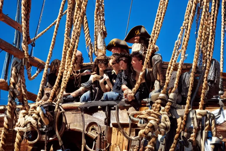 Image similar to closeup movie pirate crew on an old pirate ship, by emmanuel lubezki