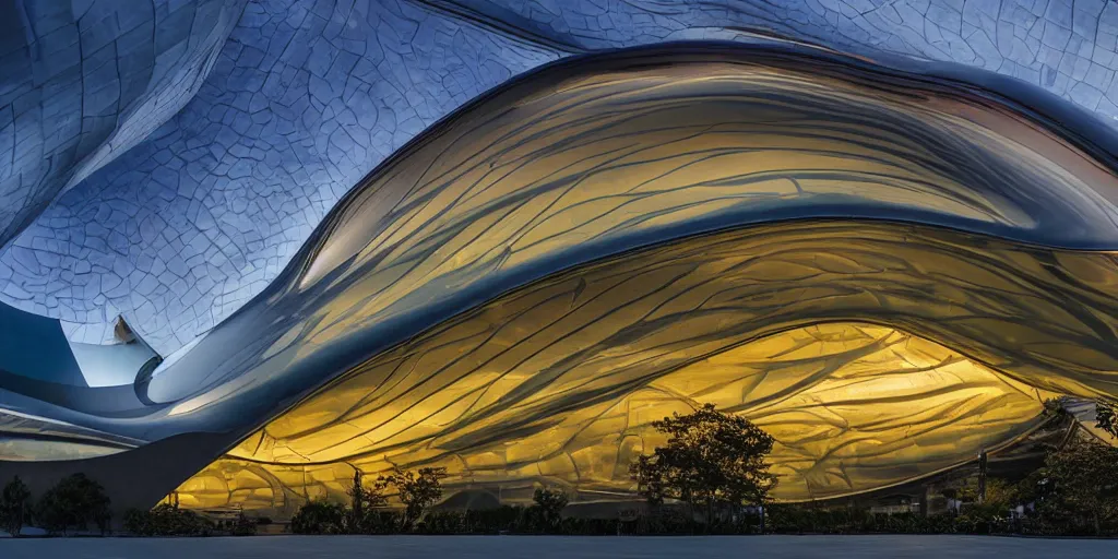 Image similar to extremely detailed awe stunning beautiful futuristic smooth curvilinear museum exterior, translucent gills, stunning volumetric light, stainless steel, concrete, translucent material, beautiful sunset, hyper real, 8k, colorful, 3D cinematic volumetric light, atmospheric light