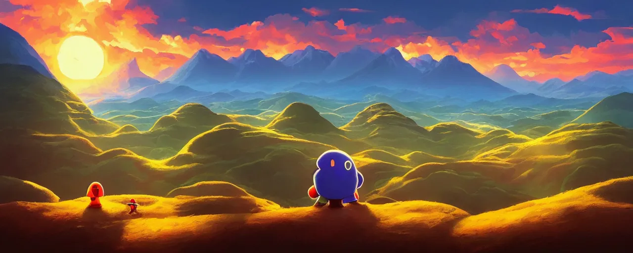 Image similar to detailed round pacman, with ghosts, in a beautiful nature landscape with clouds, mountains, in background, sunset, by rhads, pacman, detailed, coherent