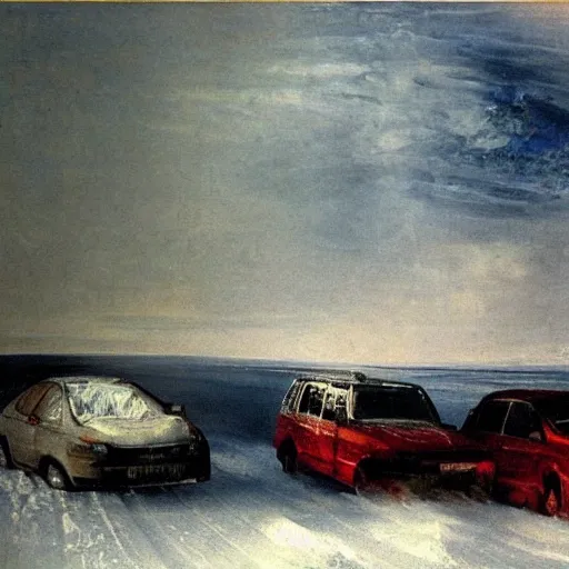 Prompt: car drifting on ice in the north pole. icebergs. toyota commercial. style of turner paintings