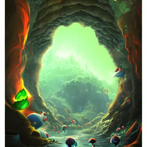 Prompt: the abyss, cave portal entrance into the Mushroom Kingdom, super mario theme, fantasy artwork, award winning, very very very very beautiful scenery, artstation