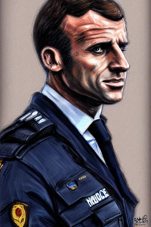 Image similar to emmanuel macron police officer, highly detailed, digital art, sharp focus, trending on art station